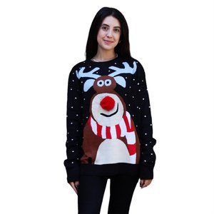 Women’s Nosy Reindeer Blue Christmas Sweater 3D